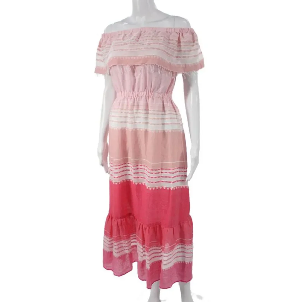 Lemlem Womens Pink Striped Off Shoulder Maxi Dress Cotton Short Sleeve Size XS